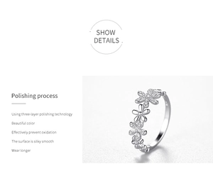 Detail showing the three-layer polishing process on a silver daisy ring with zircons