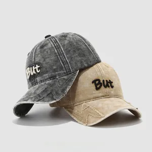 Kids vintage washed cotton baseball caps with BUT embroidery in charcoal and khaki