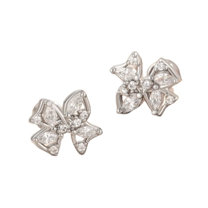 Elegant silver titanium steel bow earrings with marquise cut zircon stones for women