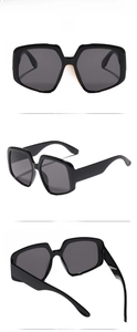 Detailed multi-angle views of oversized square black sunglasses with wide glossy temples