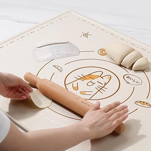 Extra large food grade silicone pastry mat set with rolling pin and dough scraper