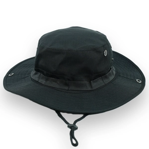 Close-up of black wide brim sun hat with metal air vents and adjustable chin strap