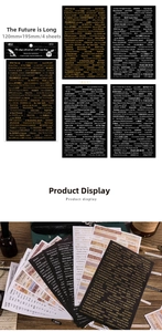 Detail of vintage gold-stamped inspirational stickers for scrapbooking and DIY crafts