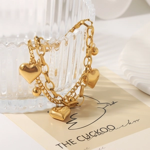 Double Layer Stainless Steel Bracelet With Hollow Heart Pendants And Beads 18K Gold Plated Jewelry For Women