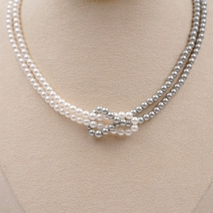 Knotted Faux Artificial Pearl Necklace And Bracelet Double Layer Titanium Steel Elegant Retro Jewelry For Women