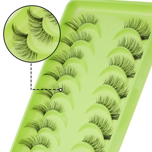 Close-up of 10 pairs of natural false eyelashes in a green tray with detailed zoom view