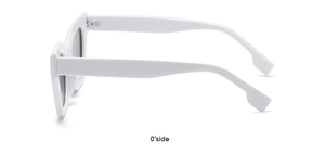 Detailed side view of white thick-frame cat-eye sunglasses with geometric temples