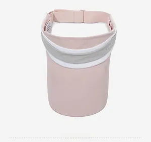 Top view of pink sun visor hat with adjustable strap and breathable fabric details