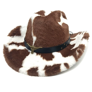 Cappello da cowboy con stampa mucca, pelliccia sintetica e testa di toro in metallo