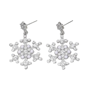 Detailed view of silver snowflake earrings with sparkling crystals and tiny white pearls