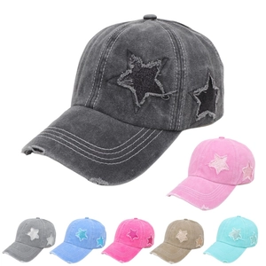 Berretto da Baseball in Cotone Lavato Distressed per Donna Con Foro per Coda di Cavallo Motivo a Stelle con Paillettes Retrò Cappello Parasole
