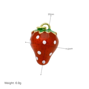 Detailed size view of a 20mm red enamel strawberry charm with 6.9g weight specifications