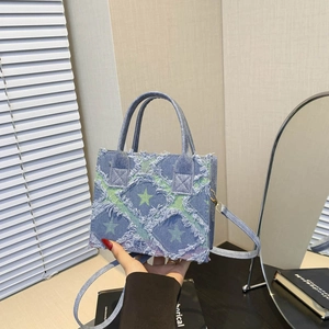 Women Fashion Denim Checkerboard Square Bag Retro Star Pattern Frayed Edge Crossbody Shoulder Bag Street Trend Small Handbag