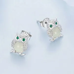 Exquisite S925 sterling silver owl stud earrings with green gemstones and moonstone beads