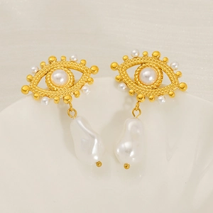Evil Eye Drop Earrings 18K Gold Plated Stainless Steel Artificial Baroque Pearl Enamel Retro Boho Jewelry For Women