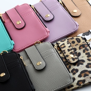 Litchi pattern leather card holder wallets with zipper pocket and snap button strap