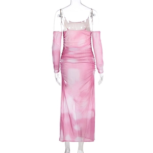 Close-up of ruched mesh fabric texture and pink tie-dye pattern on back of the dress