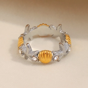 Starfish Shell Ring Stainless Steel 18K Gold Plated Two-Tone Cubic Zirconia Marine Ocean Beach Jewelry For Women