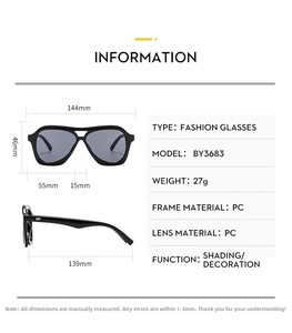 Detailed size chart for double bridge sunglasses showing frame width and lens dimensions