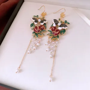 Vintage rose and butterfly drop earrings with red enamel and long gold tassels