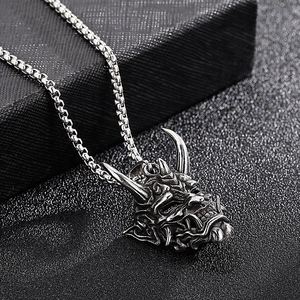 Vintage stainless steel Halloween demon ghost face pendant with long horns and bead chain