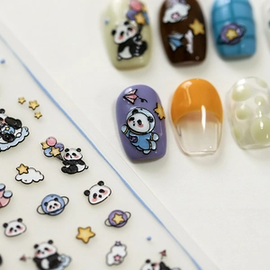 3D cute panda and cloud nail art stickers with embossed cartoon astronaut patterns