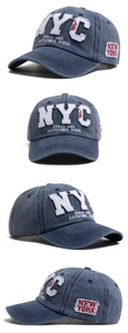 Détail de la broderie 3D NYC vintage sur casquette en coton bleu délavé de qualité