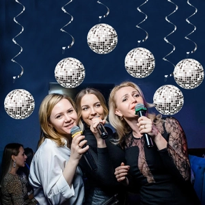 Silver mirror disco ball ornaments with metallic spiral hooks for party hanging decorations