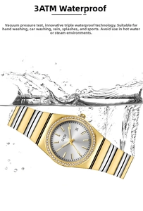 Close-up of GEDI women's watch showing 3ATM water resistance and date window