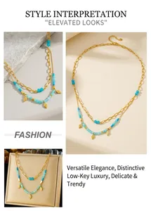 Detail of double-layer stainless steel necklace with blue beads and rhombus pendants