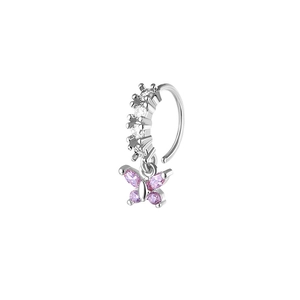 Silver butterfly pendant nose ring with pink and clear cubic zirconia stones