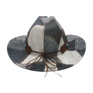 Detailed view of western felt cowboy hat with blue patchwork and turquoise studded band