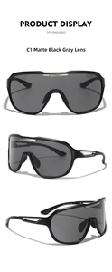Detail view of matte black Y2K wraparound sunglasses with silver metal logo accents