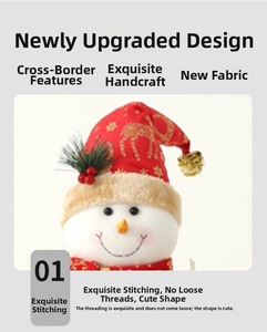 Detail of a plush Christmas snowman with red scarf, pine needles and berry decorations