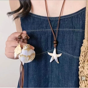 Bohemian wax cord necklace with natural seashell and wooden bead butterfly camera pendant