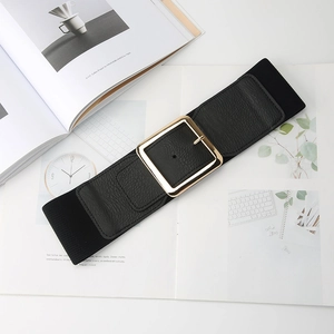 Detail of wide elastic waist belt with large square gold metal buckle on white magazine