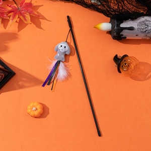 Halloween cat teaser wand with plush ghost and feathers on vibrant orange background