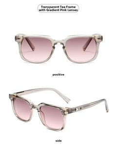 Detail view of transparent tea-brown square frame sunglasses with gradient pink lenses