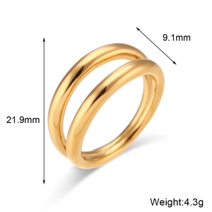 Minimalist double layer 18K gold plated stainless steel ring with size and weight specs