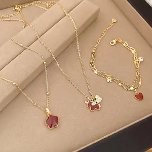Necklace And Bracelet Jewelry Copper Gold Plated Red Pony Heart Clover Zircon Enamel Trendy Elegant For Women