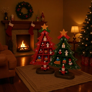 Detailed view of red and green wooden Christmas tree shelves with festive figurines