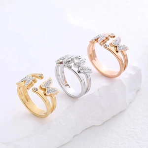 Bagues papillon ajustables en or, argent et or rose avec micro-incrustation de strass
