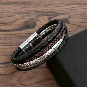 Retro multi-layer braided leather bracelet with stainless steel magnetic clasp