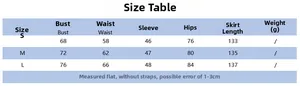 Tableau des tailles pour robe courte en mesh avec buste, taille, hanches et longueur