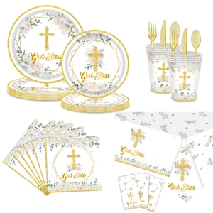 God Bless religious party tableware set with floral cross disposable plates and gold cutlery