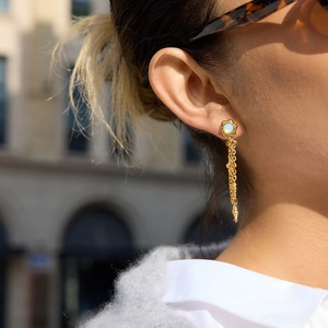 Orecchini a Nappa Lunga in Acciaio Inossidabile Placcato Oro 18K Fiore Quadrifoglio Eleganti Perle Artificiali Orecchini Pendenti Donna