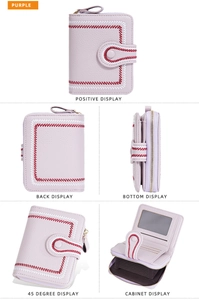 Purple women's compact wallet featuring lychee texture, multiple card slots, and zip closure