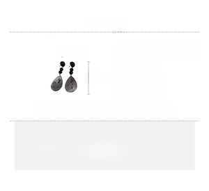 Detail view of water drop tassel earrings with black shell, pearl, and silver needle dimensions