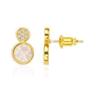 Gold stud earrings featuring micro-pave zircons and white mother-of-pearl in double circle design