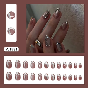 Pink cat eye press on nails with silver 3D liquid metal lines and almond shape set